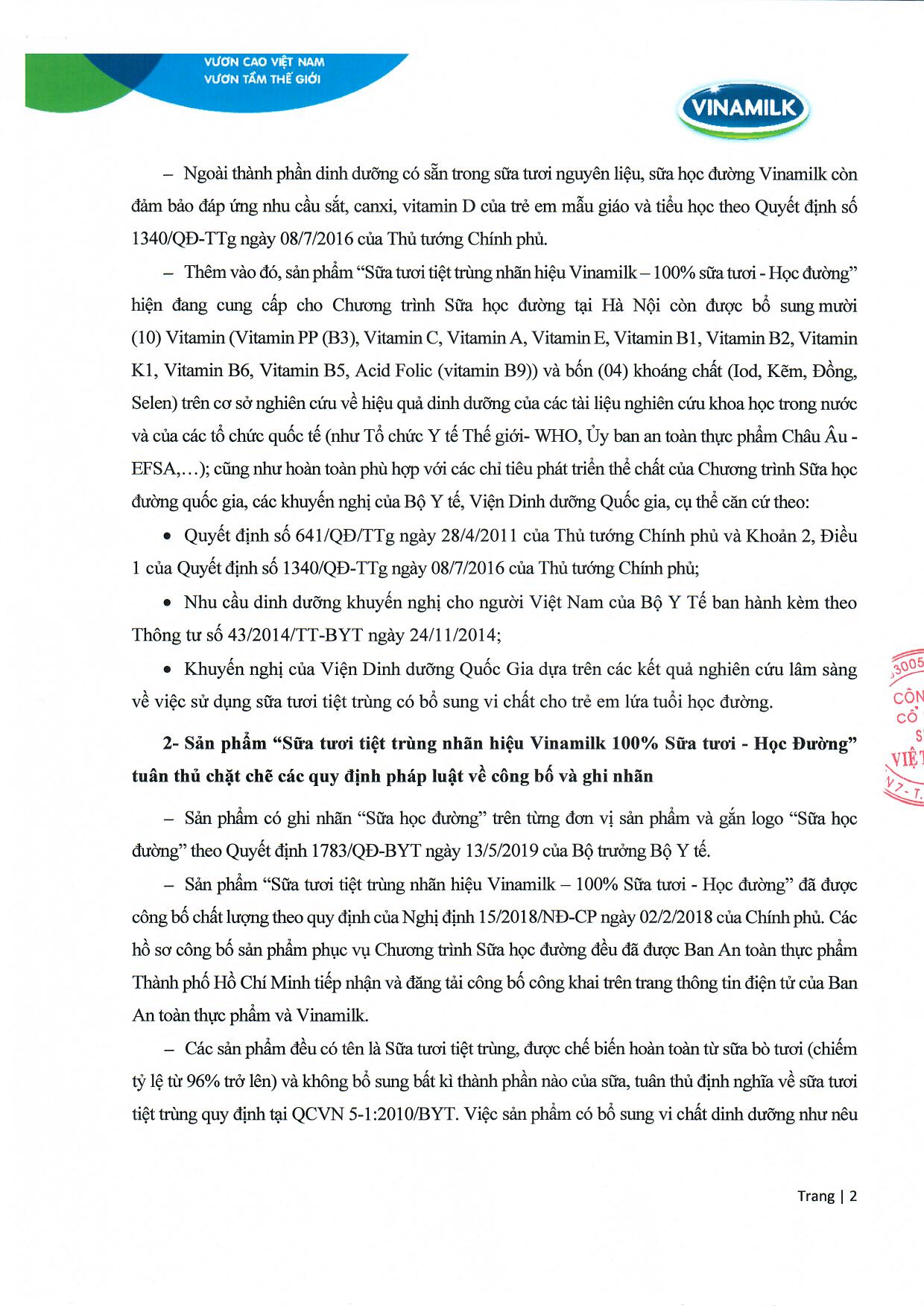 Công bố thông tin về sản phẩm dùng trong Chương trình Sữa học đường 2