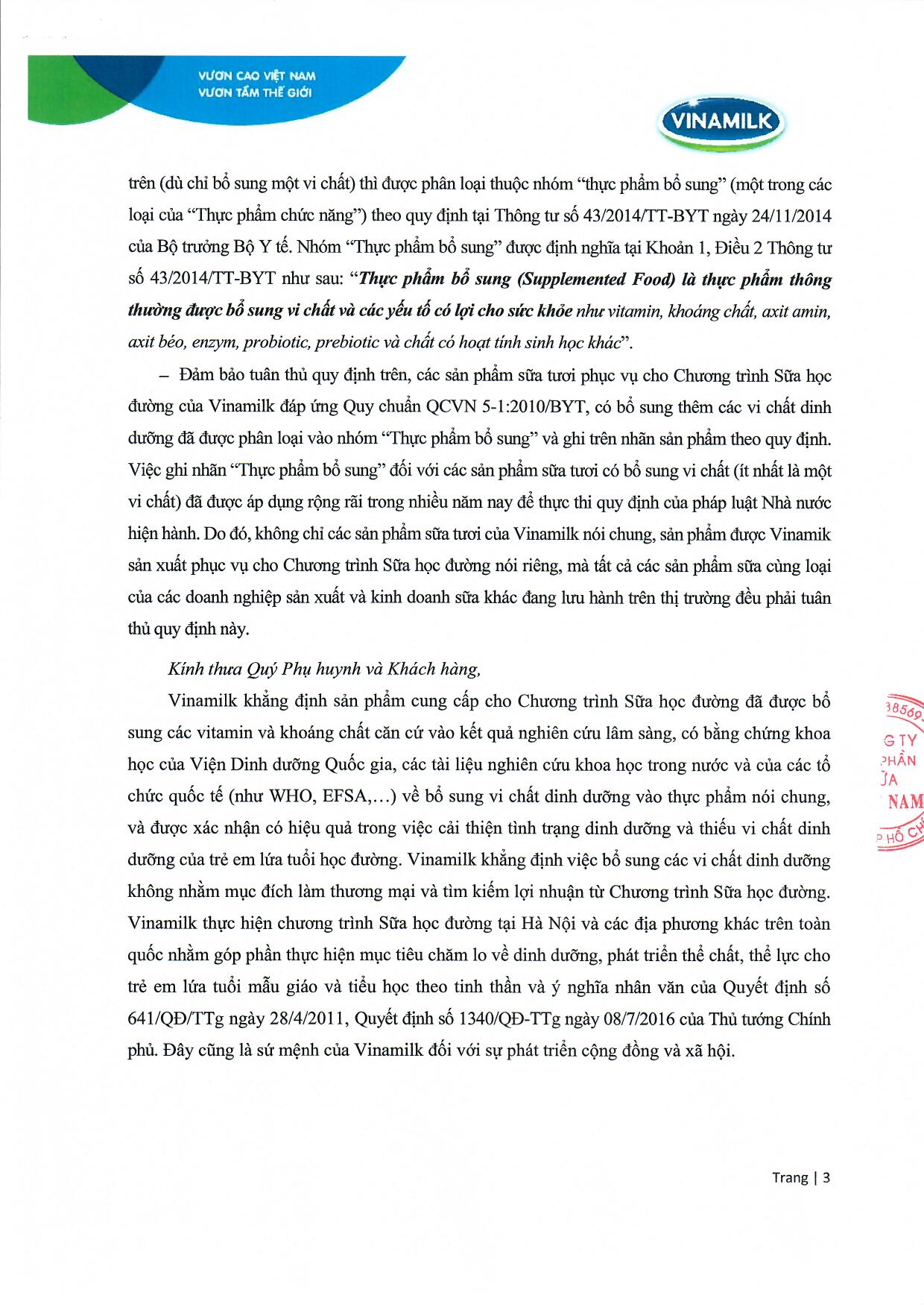 Công bố thông tin về sản phẩm dùng trong Chương trình Sữa học đường 3