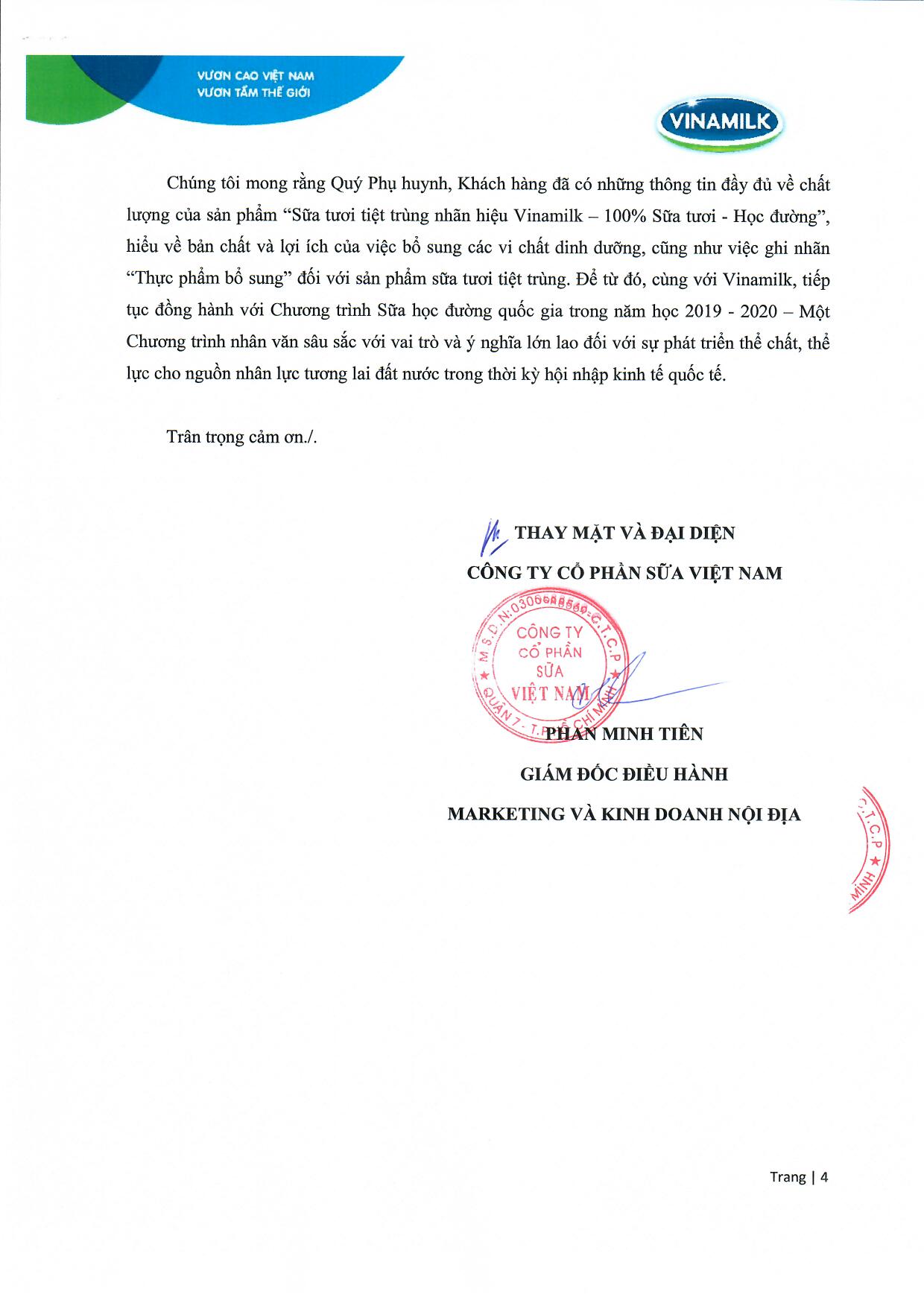 Công bố thông tin về sản phẩm dùng trong Chương trình Sữa học đường 4