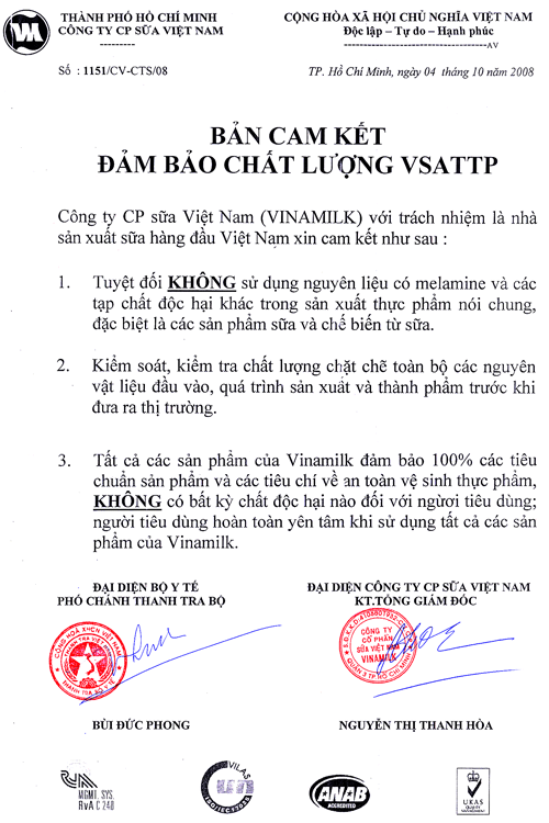 Sản phẩm của Vinamilk đảm bảo an toàn thực phẩm và không có chất Melamine 1