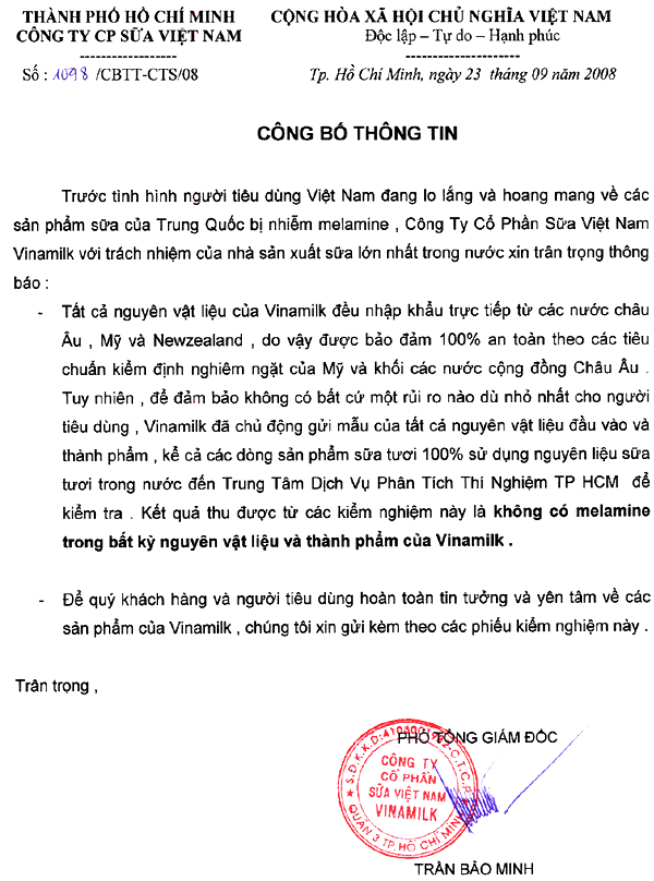 Vinamilk công bố thông tin về chất lượng sản phẩm sữa Vinamilk 1