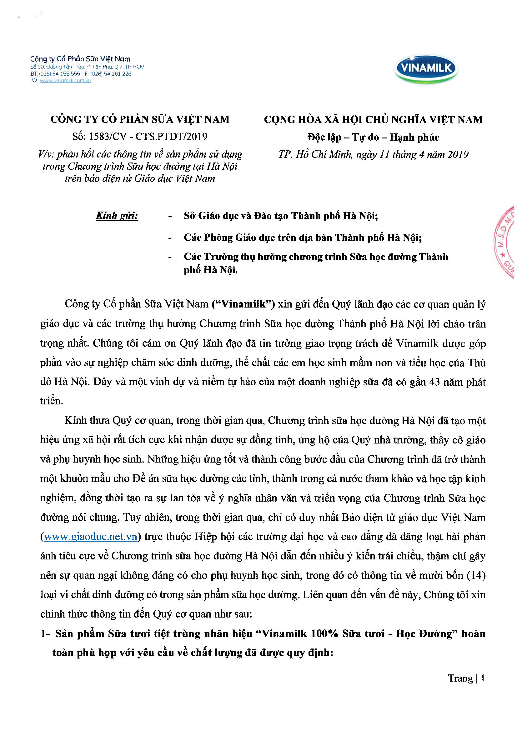 Phản hồi các thông tin về sản phẩm sử dụng trong Chương trình Sữa học đường tại Hà Nội trên báo điện tử Giáo dục Việt Nam 1