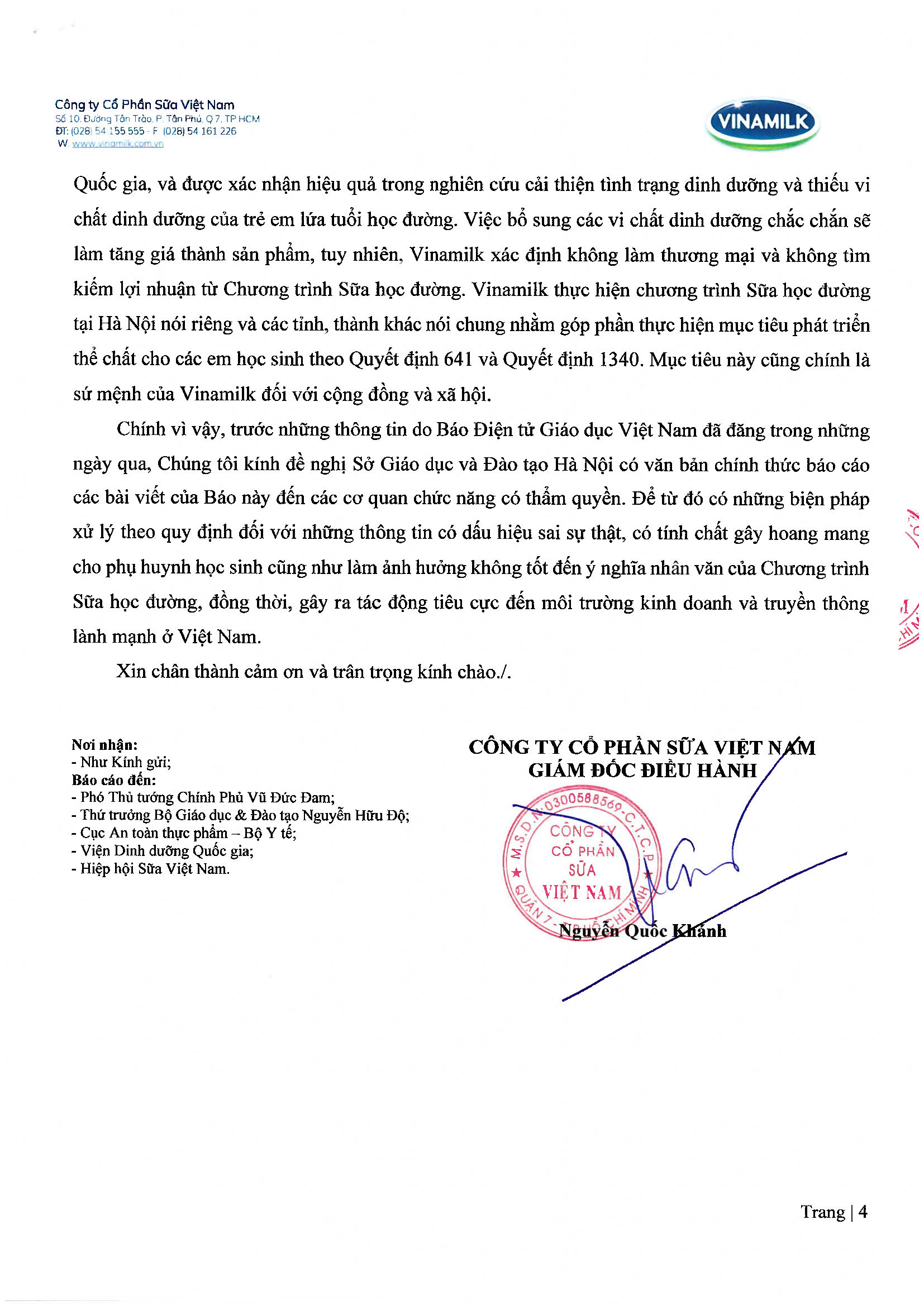 Phản hồi các thông tin về sản phẩm sử dụng trong Chương trình Sữa học đường tại Hà Nội trên báo điện tử Giáo dục Việt Nam 4