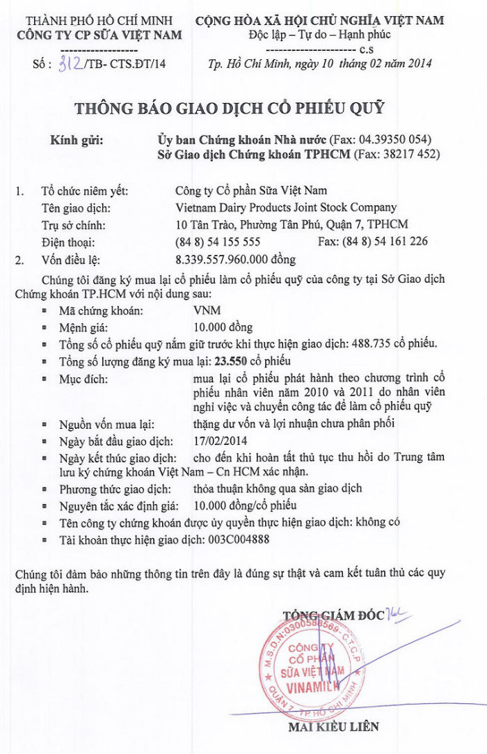 Thông báo giao dịch cổ phiếu quỹ 10/02/2014 1