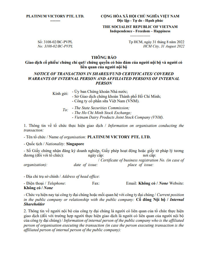 Notice of transaction of internal person from PLATINUM VICTORY PTE. LTD. 1