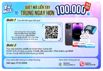 Chương trình khuyến mại Sữa chua uống tiệt trùng Yomilk: Quét mã liền tay – Trúng ngay hơn 100.000 quà hot 12