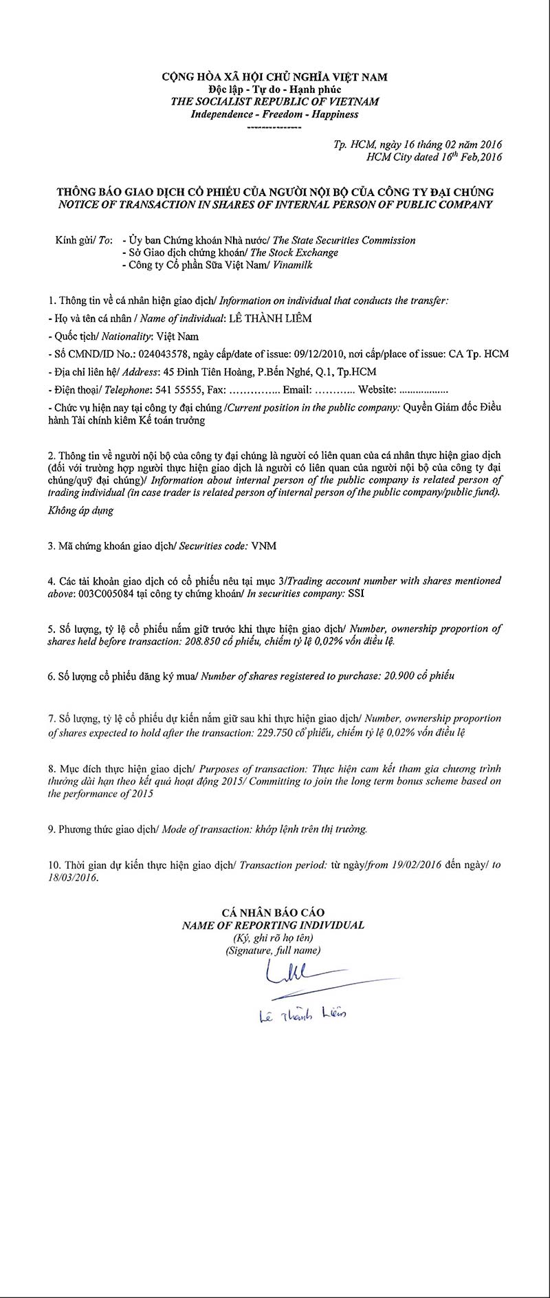 Notice of transaction in shares of internal person of public company - Le Thanh Liem 1