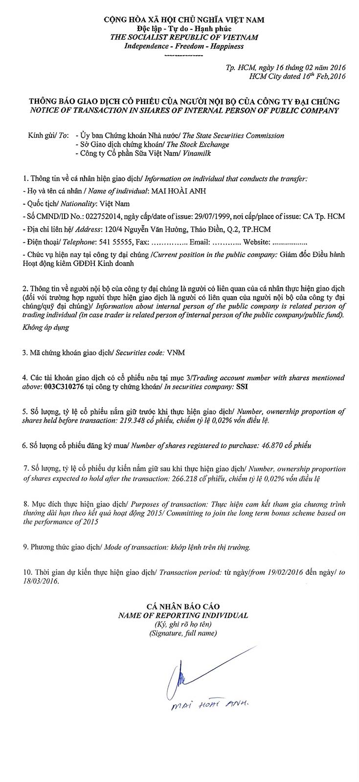 Notice of transaction in shares of internal person of public company - Mai Hoai Anh 1