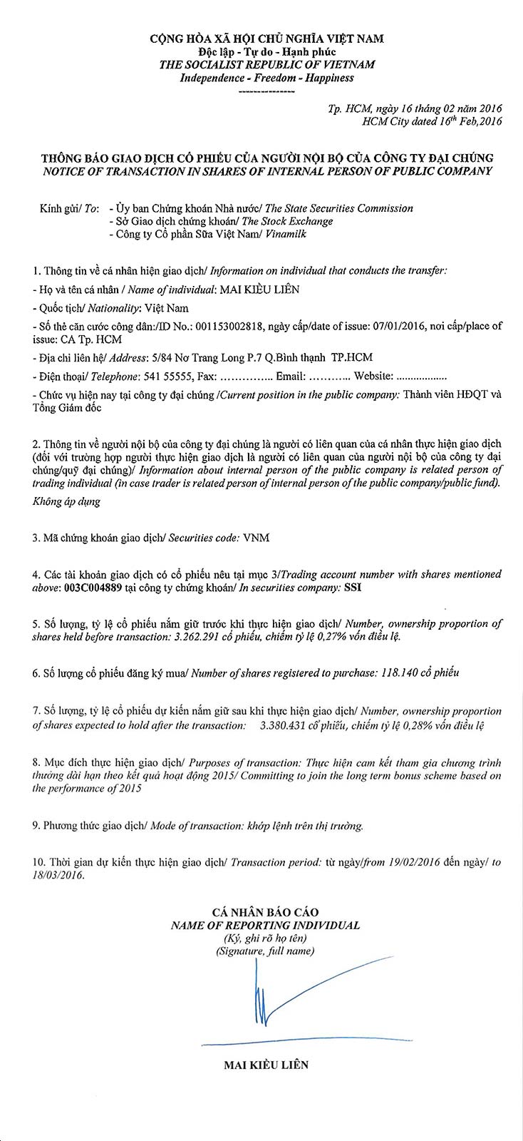 Notice of transaction in shares of internal person of public company - Mai Kieu Lien 1