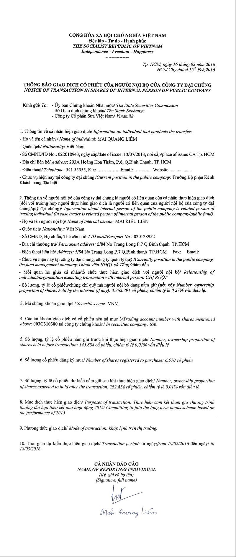 Notice of transaction in shares of internal person of public company - Mai Quang Liem 1