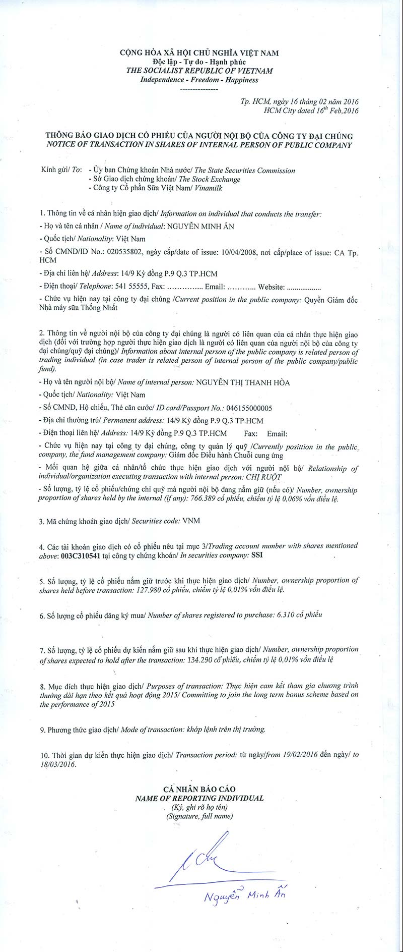 Notice of transaction in shares of internal person of public company - Nguyen Minh An 1