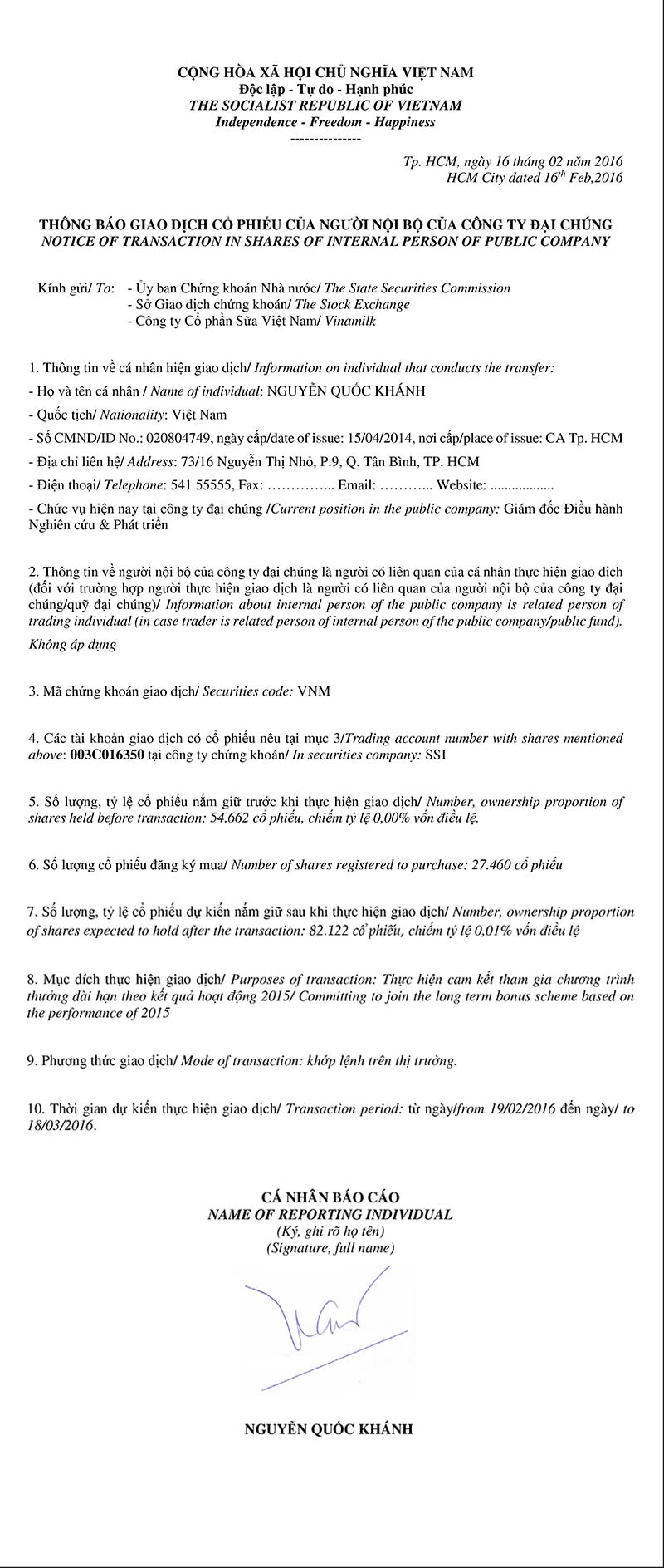 Notice of transaction in shares of internal person of public company - Nguyen Quoc Khanh 1