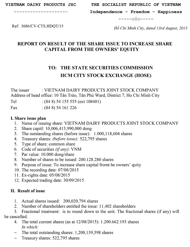 Report On Result Of The Share Issue To Increase Share Capital From The Owners’ Equity 1