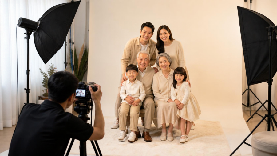 Buổi chụp ảnh gia đình nhiều thế hệ tại studio là món quà lưu giữ kỉ niệm vô giá