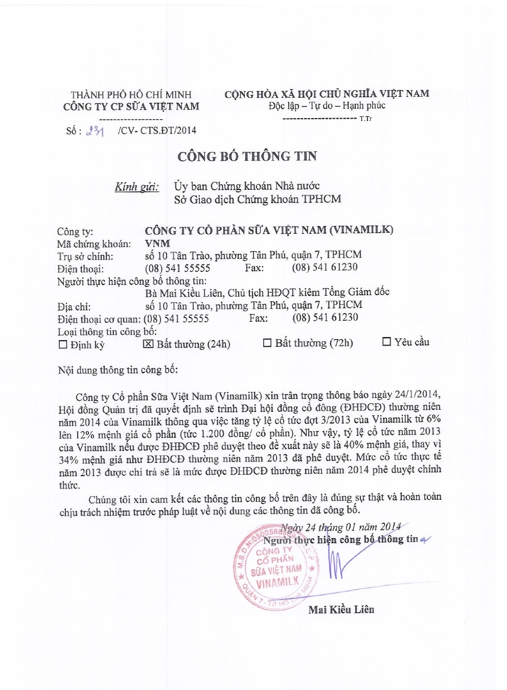 Công bố thông tin về xin tăng tỉ lệ cổ tức đợt 3/2013 (24/01/2014) 1