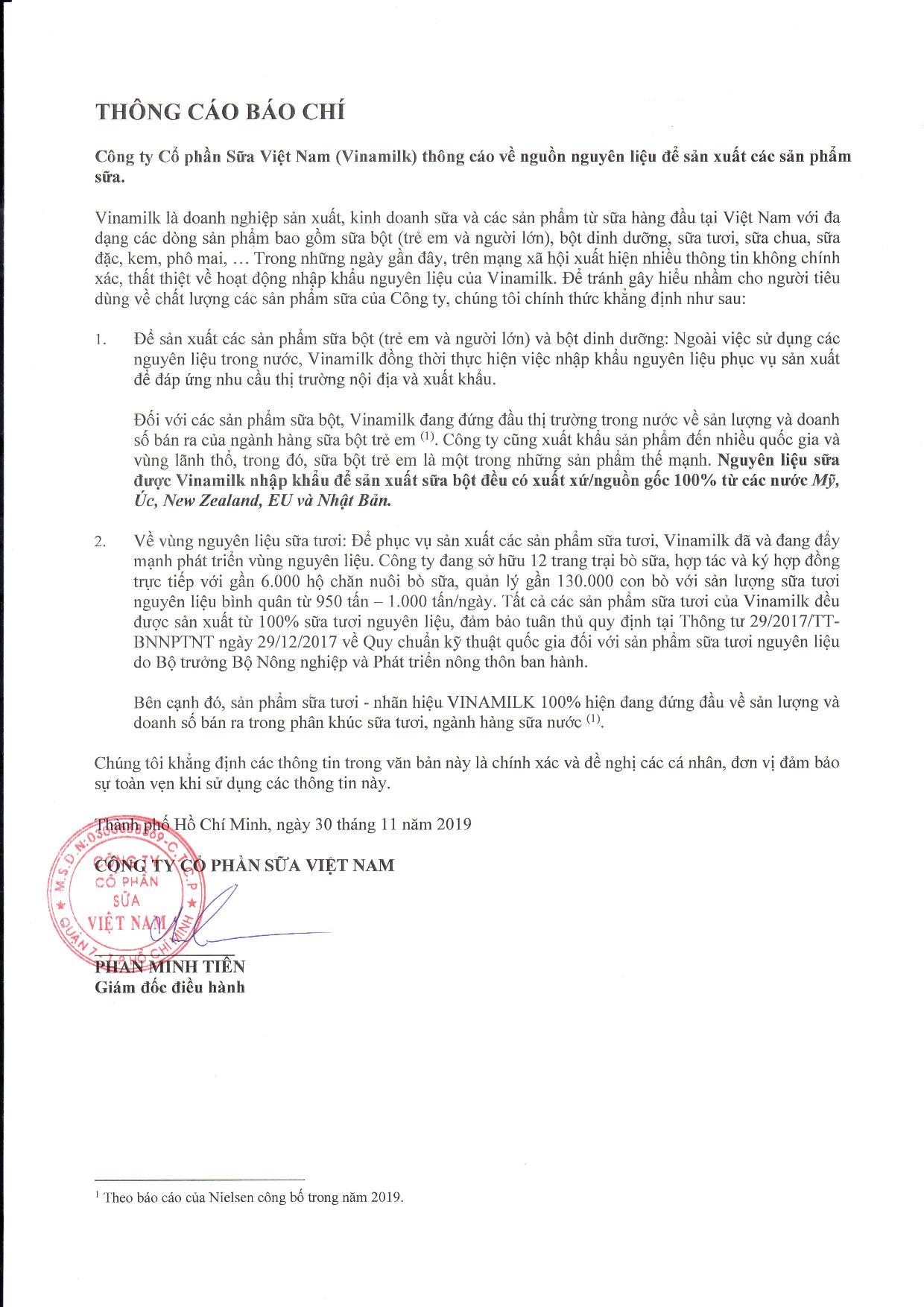 Công ty Cổ phần Sữa Việt Nam (Vinamilk) thông cáo về nguồn nguyên liệu để sản xuất các sản phẩm sữa. 1