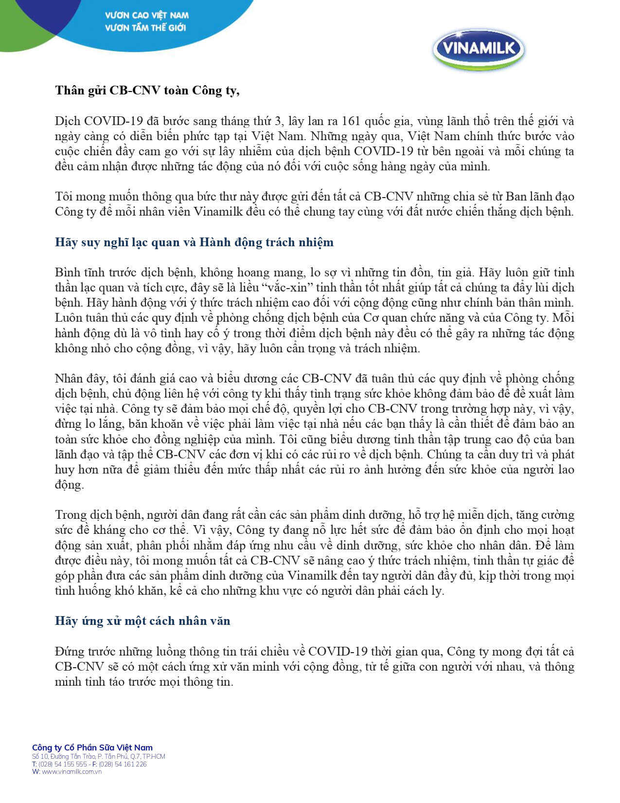 [COVID-19] Thông điệp TỔNG GIÁM ĐỐC gửi toàn thể CB-CNV Vinamilk 1