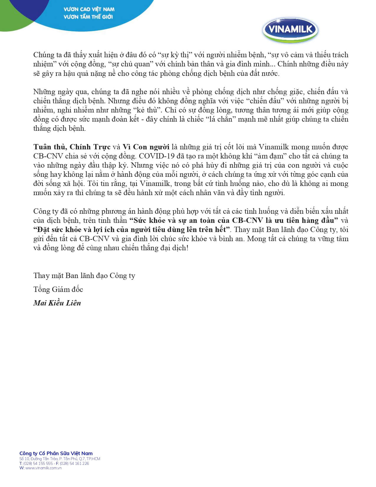 [COVID-19] Thông điệp TỔNG GIÁM ĐỐC gửi toàn thể CB-CNV Vinamilk 2