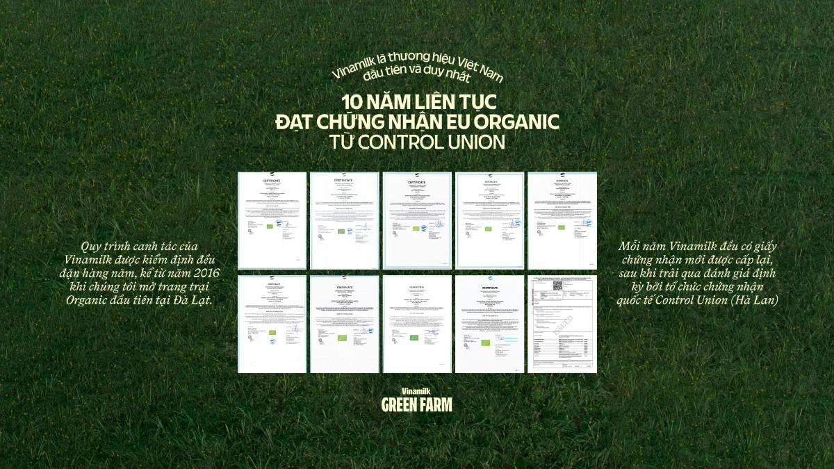 Vinamilk duy trì 10 năm liên tục đạt chứng nhận EU Organic từ Control Union