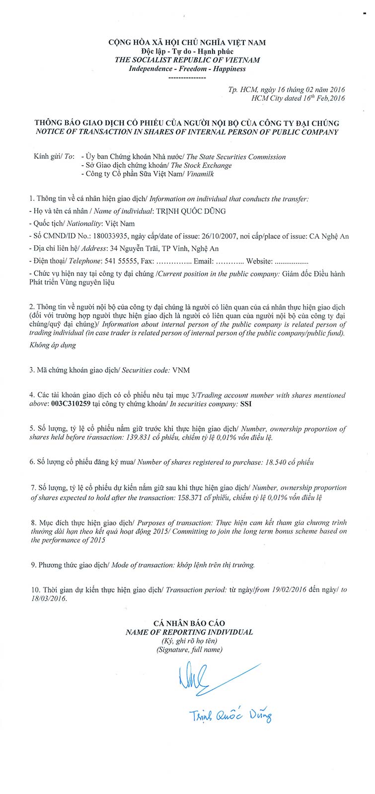 Notice of transaction in shares of internal person of public company - Trinh Quoc Dung 1