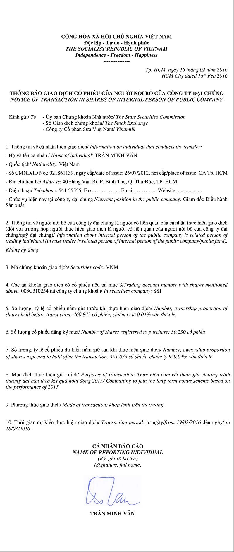 Notice of transaction in shares of internal person of public company - Tran Minh Van 1