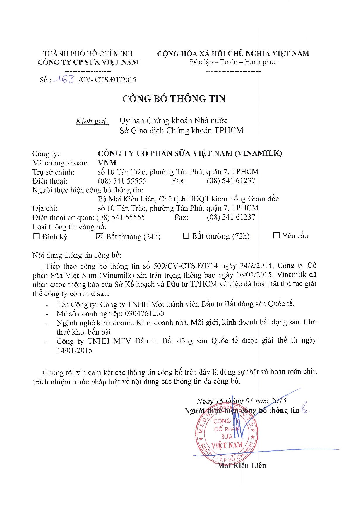 Công bố thông tin về việc hoàn tất giải thể Công ty Bất động sản Quốc tế 1