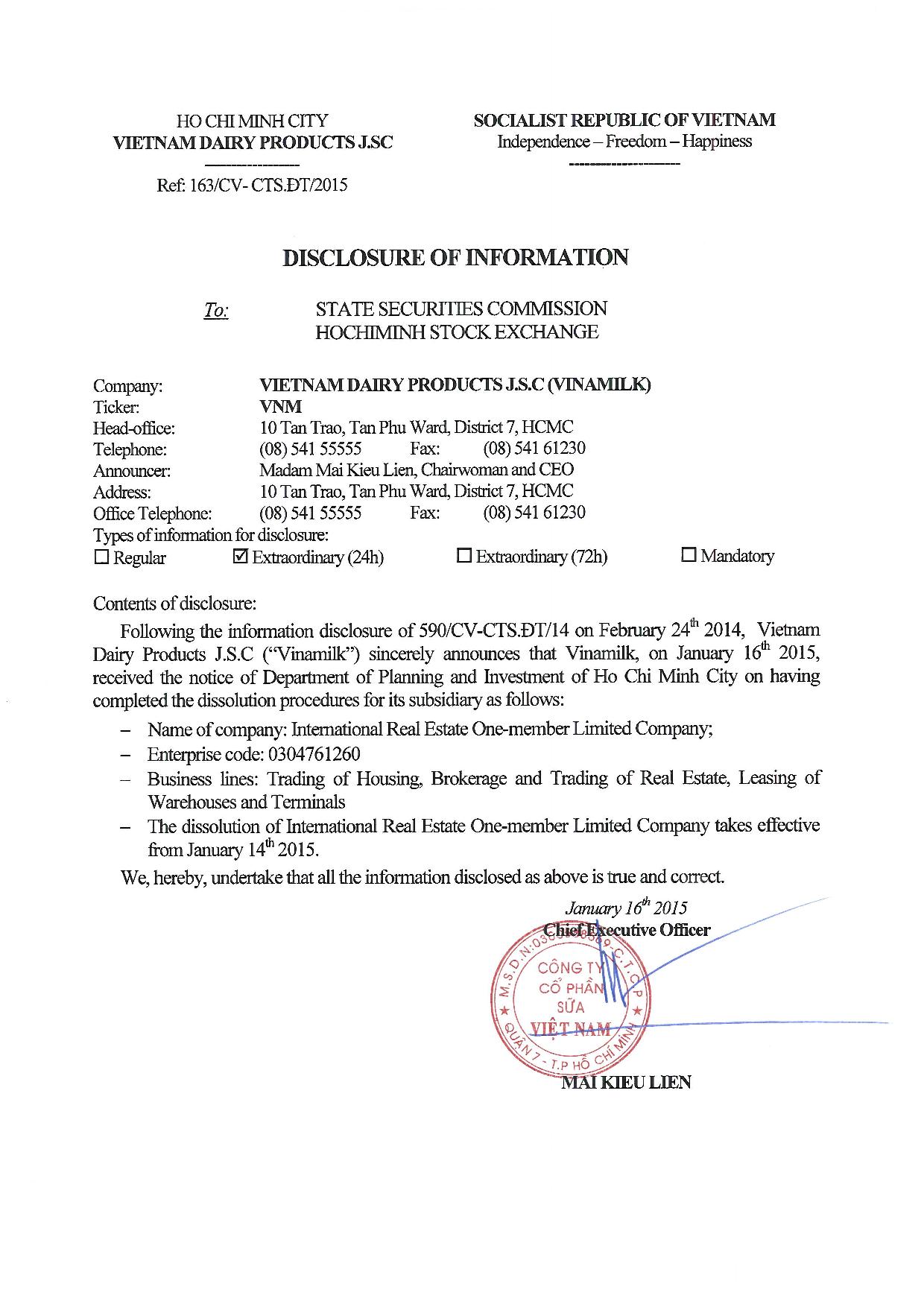 Disclosure of information dissolution of International Real Estate One-member Limited Company 1
